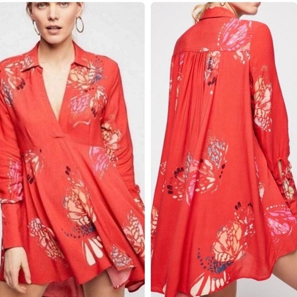 Free People Tops - Free People Tunic Womens XS Red Field Of Butterflies Semi-Sheer Boho Gypsy Artsy